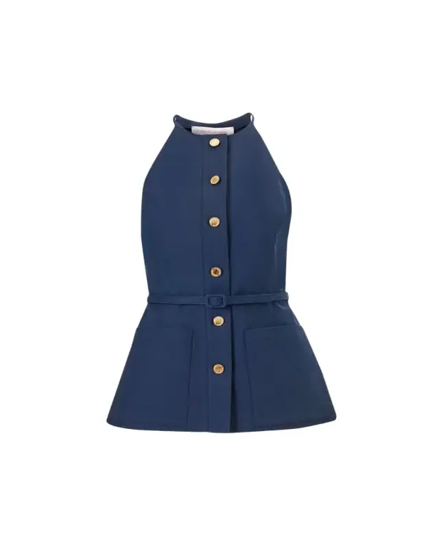 Carolina Herrera Button-Front Belted Halter Peplum Top