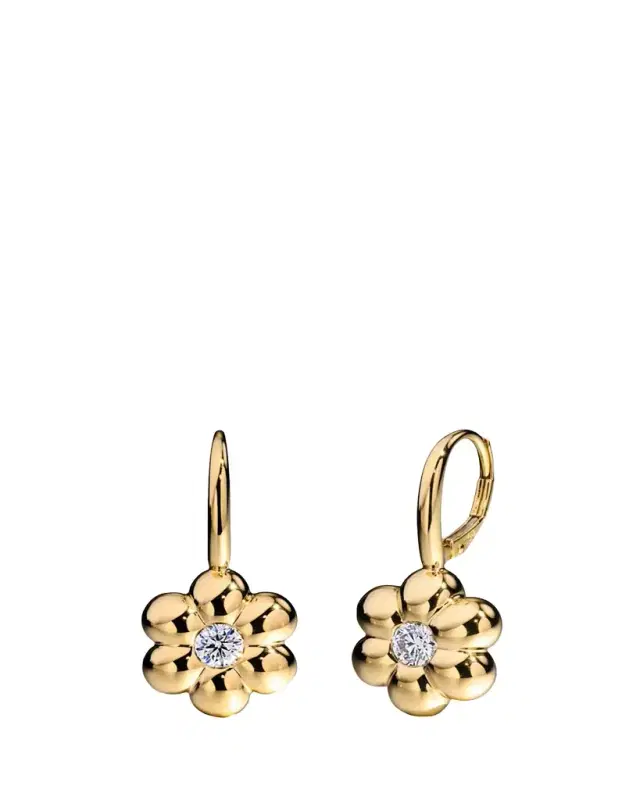 18K Yellow Gold Diamond Flower Puff Drop Earrings, 0.3tcw