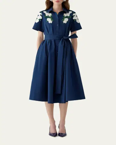 Carolina Herrera Rose Embroidered Short-Sleeve Midi Shirtdress | Thumbnail 2