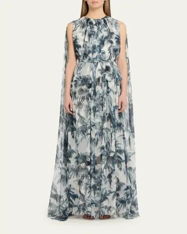 Oscar de la Renta Palm-Print Silk Cape-Sleeve Gown | Thumbnail 2