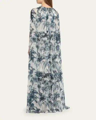 Oscar de la Renta Palm-Print Silk Cape-Sleeve Gown | Thumbnail 3