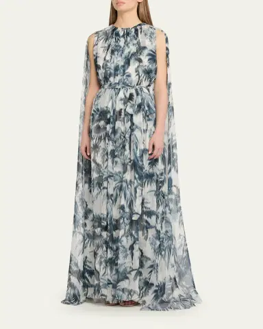 Oscar de la Renta Palm-Print Silk Cape-Sleeve Gown | Thumbnail 4