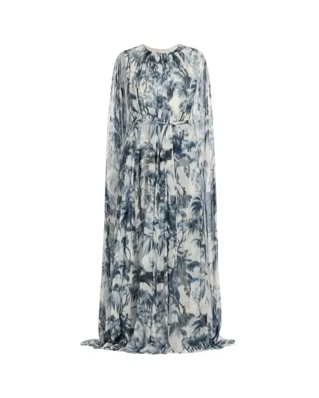 Palm-Print Silk Cape-Sleeve Gown