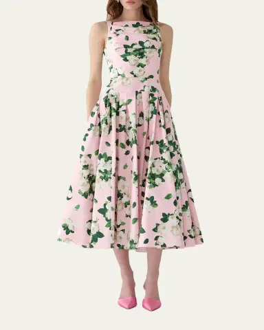 Carolina Herrera Rose-Print Pleated Drop-Waist Midi Dress | Thumbnail 2