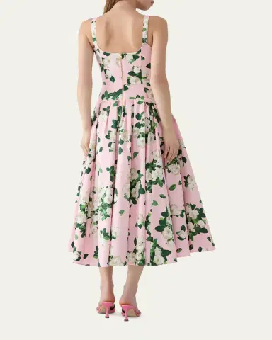 Carolina Herrera Rose-Print Pleated Drop-Waist Midi Dress | Thumbnail 3
