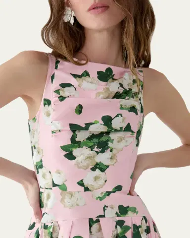 Carolina Herrera Rose-Print Pleated Drop-Waist Midi Dress | Thumbnail 4