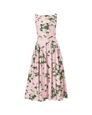 Carolina Herrera Rose-Print Pleated Drop-Waist Midi Dress | Thumbnail 1