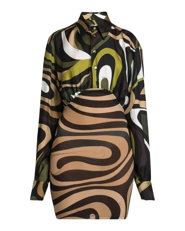 Abstract-Print Silk Mini Shirtdress