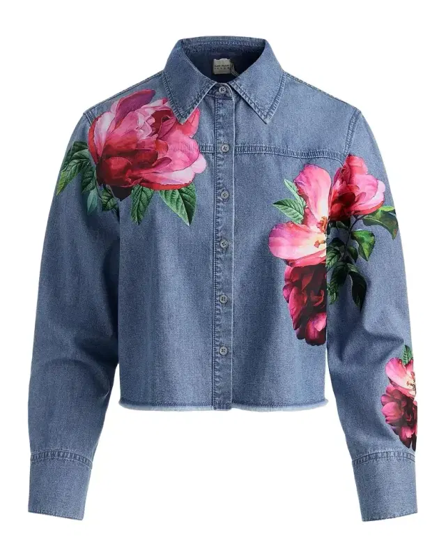 Finely Floral Denim Oversized Crop Jacket