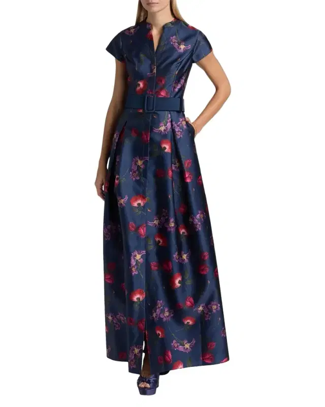 Marta Floral Mikado Belted Gown