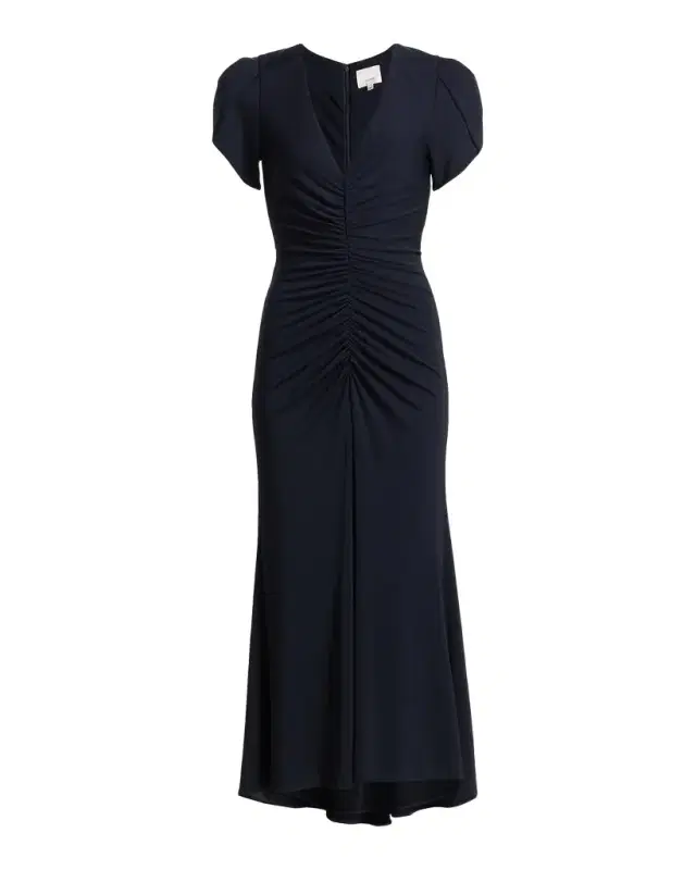 Aviva Gathered Tulip-Sleeve Midi-Dress