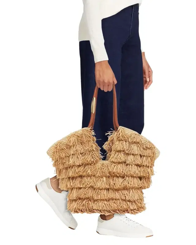 Medium Goldentime Fringed Raffia Tote Bag