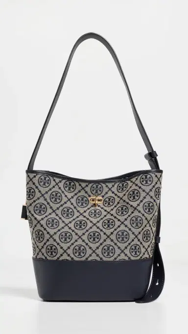 Tory Burch Lock T Monogram Slim Medium Bucket Bag Tory Navy One Size | Thumbnail 2 Tory Burch Lock T Monogram Slim Medium Bucket Bag Tory Navy One Size | Thumbnail 2