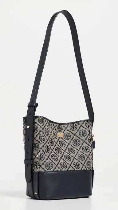 Tory Burch Lock T Monogram Slim Medium Bucket Bag Tory Navy One Size | Thumbnail 4 Tory Burch Lock T Monogram Slim Medium Bucket Bag Tory Navy One Size | Thumbnail 4