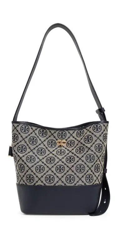 Tory Burch Lock T Monogram Slim Medium Bucket Bag Tory Navy One Size | Thumbnail 1 Tory Burch Lock T Monogram Slim Medium Bucket Bag Tory Navy One Size | Thumbnail 1