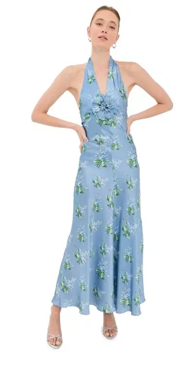 Rodarte Blue Bouquet Floral Silk Satin Dress Blue | Thumbnail 1