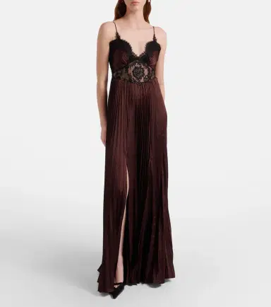 Self-Portrait Lace-trimmed pleated satin maxi dress | Thumbnail 2