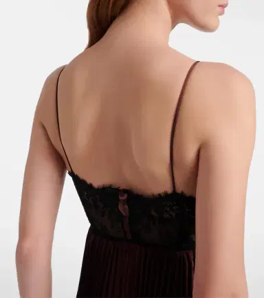 Self-Portrait Lace-trimmed pleated satin maxi dress | Thumbnail 3