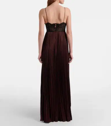 Self-Portrait Lace-trimmed pleated satin maxi dress | Thumbnail 4
