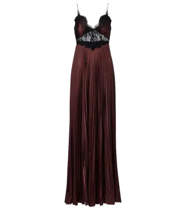 Self-Portrait Lace-trimmed pleated satin maxi dress | Thumbnail 1