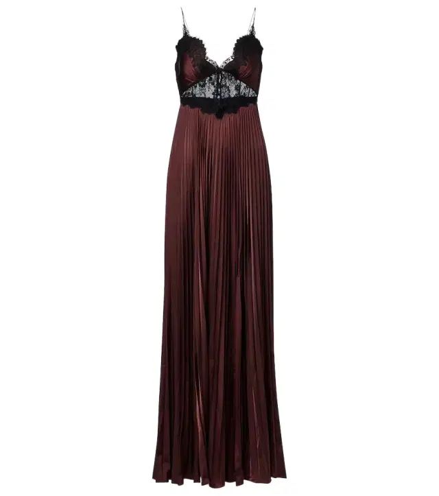 Lace-trimmed pleated satin maxi dress