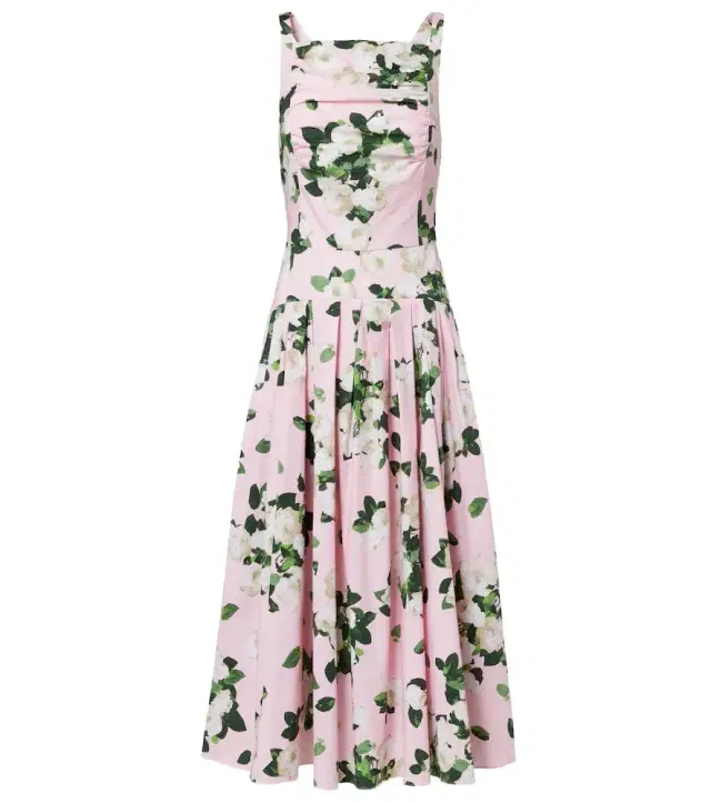Floral pleated cotton-blend midi dress