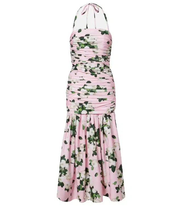 Floral ruched cotton-blend midi dress