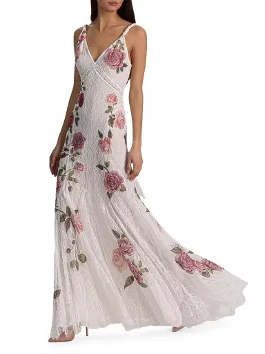 Alice + Olivia Women's Nisa Floral Lace A-Line Maxi Gown - Garden Gossip Off White | Thumbnail 2