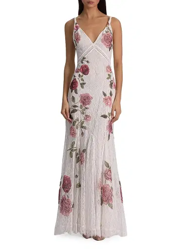 Alice + Olivia Women's Nisa Floral Lace A-Line Maxi Gown - Garden Gossip Off White | Thumbnail 3