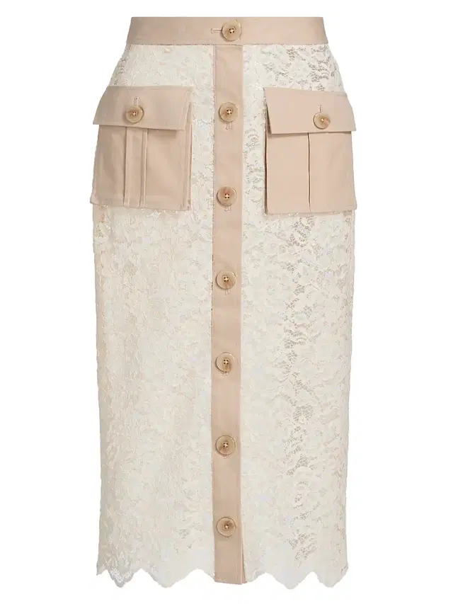 L'AGENCE Women's Shae Lace Scalloped-Hem Midi-Skirt - Biscuit Ecru