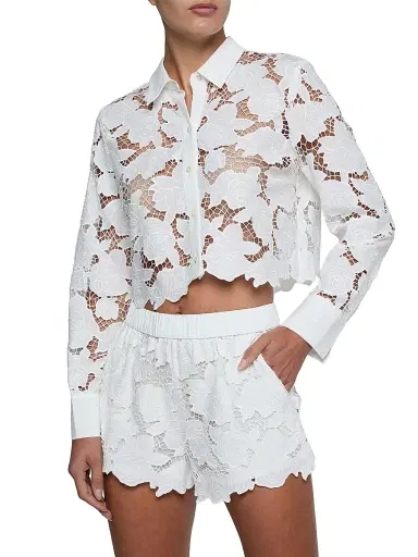 L'AGENCE Women's Seychelle Floral Cotton Open-Knit Crop Shirt - | Thumbnail 3