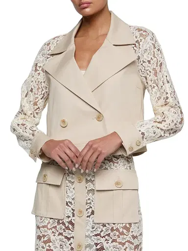 L'AGENCE Women's Novelle Lace-Sleeve Double-Breasted Crop Trench Coat - Biscuit Ecru | Thumbnail 3
