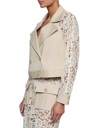 L'AGENCE Women's Novelle Lace-Sleeve Double-Breasted Crop Trench Coat - Biscuit Ecru | Thumbnail 4