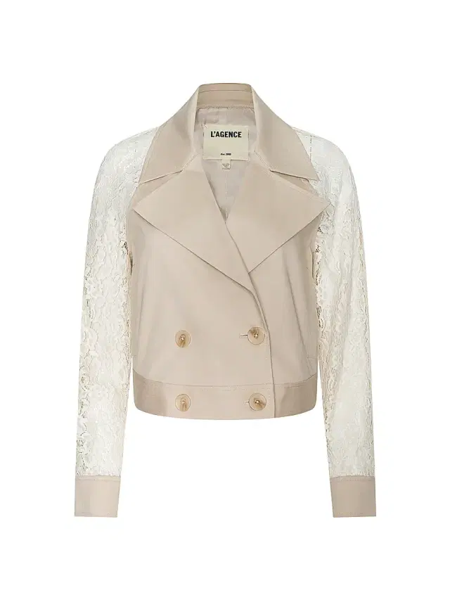 L'AGENCE Women's Novelle Lace-Sleeve Double-Breasted Crop Trench Coat - Biscuit Ecru