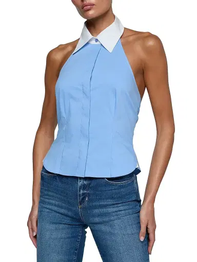 L'AGENCE Women's Rina Cotton-Blend Halter Top - Vista Blue White | Thumbnail 3