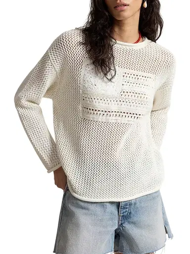 Polo Ralph Lauren Women's Tonal Flag Pointelle Sweater - White Multi | Thumbnail 3 Polo Ralph Lauren Women's Tonal Flag Pointelle Sweater - White Multi | Thumbnail 3