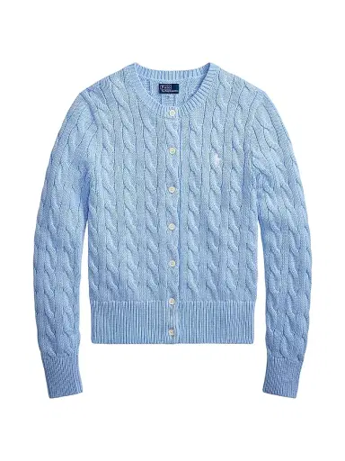 Polo Ralph Lauren Women's Logo Cable-Knit Cotton Cardigan - Baby Blue | Thumbnail 1 Polo Ralph Lauren Women's Logo Cable-Knit Cotton Cardigan - Baby Blue | Thumbnail 1
