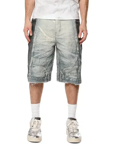 Purple Brand Men's Upside Down Distressed Hem Denim Shorts - All Over Print | Thumbnail 1