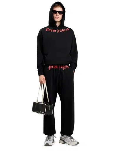 Palm Angels Men's Logo Neck Cotton Hoodie - Black Red | Thumbnail 2