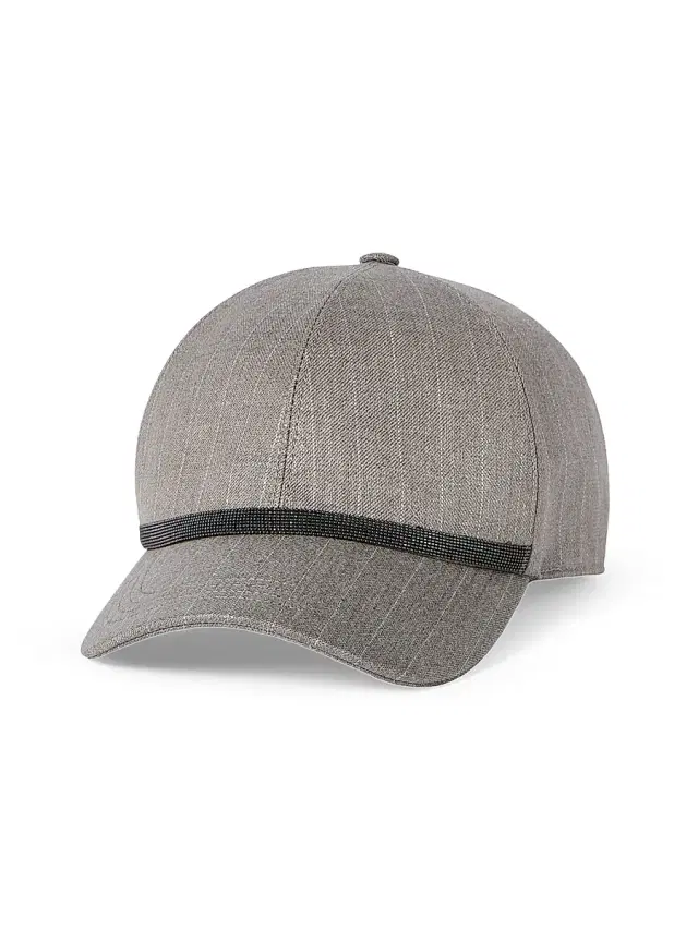 Brunello Cucinelli Women's Sparkling Virgin Wool Pinstripe Baseball Cap with Shiny Band - Silver