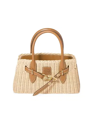 Miu Miu Women's Aventure Wicker and Leather Top Handle Bag - Beige Khaki | Thumbnail 1 Miu Miu Women's Aventure Wicker and Leather Top Handle Bag - Beige Khaki | Thumbnail 1