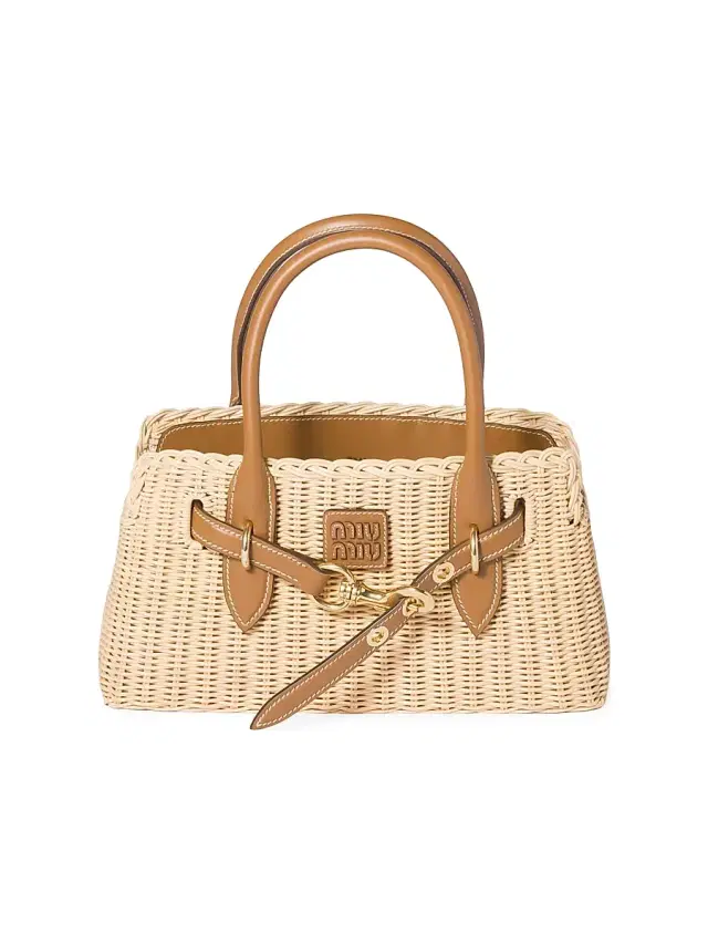 Women's Aventure Wicker and Leather Top Handle Bag - Beige Khaki