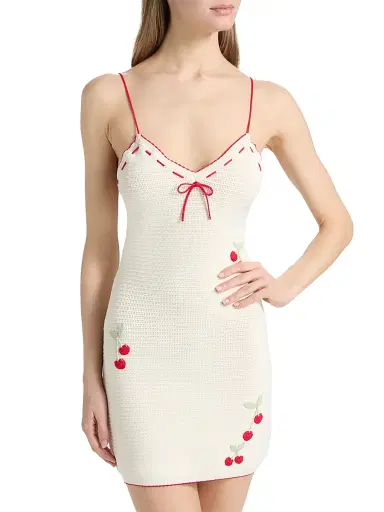 LoveShackFancy Women's Yelena Cherry-Embroidered Knit Minidress - Cherry Sail - Size XL | Thumbnail 3