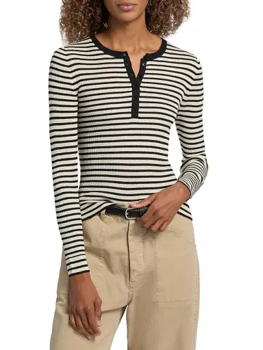 Nili Lotan Women's Kyrie Striped Silk Henley Sweater - Black Stripe | Thumbnail 3 Nili Lotan Women's Kyrie Striped Silk Henley Sweater - Black Stripe | Thumbnail 3
