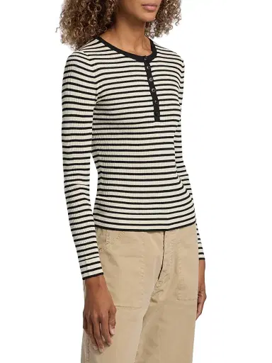 Nili Lotan Women's Kyrie Striped Silk Henley Sweater - Black Stripe | Thumbnail 4 Nili Lotan Women's Kyrie Striped Silk Henley Sweater - Black Stripe | Thumbnail 4