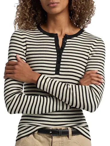 Nili Lotan Women's Kyrie Striped Silk Henley Sweater - Black Stripe | Thumbnail 6 Nili Lotan Women's Kyrie Striped Silk Henley Sweater - Black Stripe | Thumbnail 6