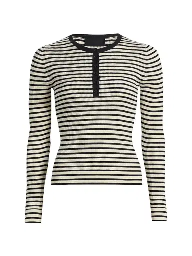 Nili Lotan Women's Kyrie Striped Silk Henley Sweater - Black Stripe | Thumbnail 1 Nili Lotan Women's Kyrie Striped Silk Henley Sweater - Black Stripe | Thumbnail 1