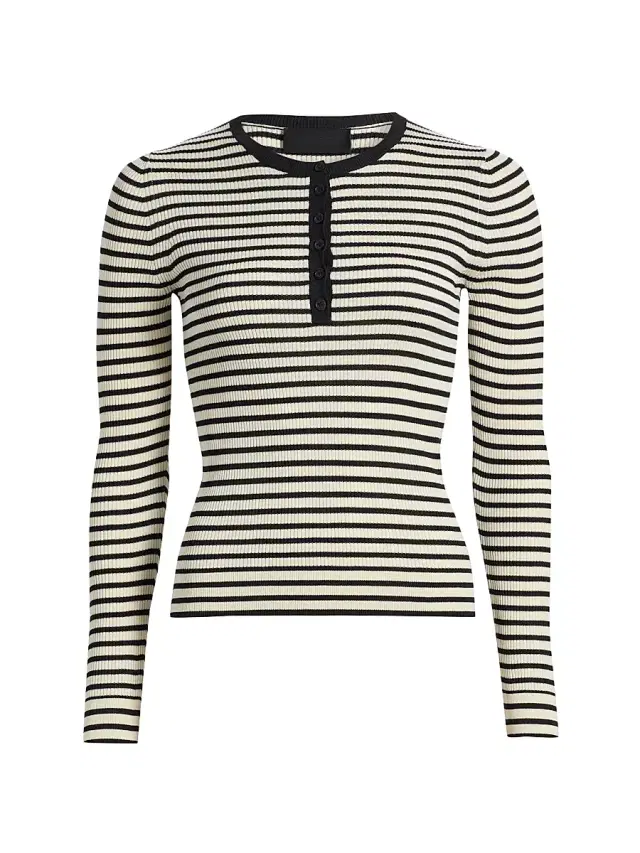 Nili Lotan Women's Kyrie Striped Silk Henley Sweater - Black  Stripe