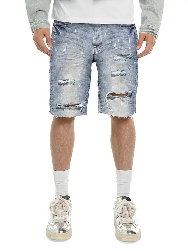 Men's Painterly Distressed Denim Wide-Leg Shorts - Light Indigo