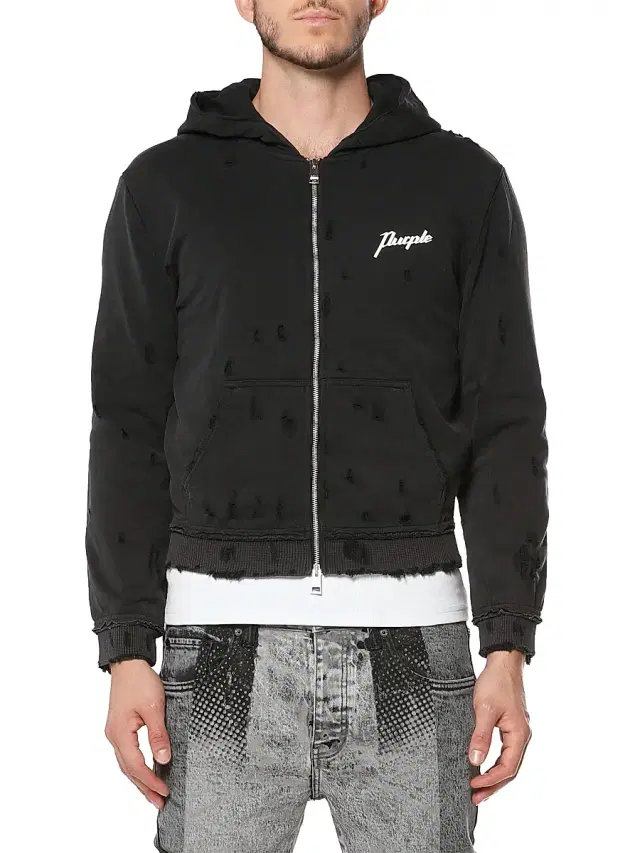 Men's Logo Distressed Cotton Shrunken Hoodie - Black